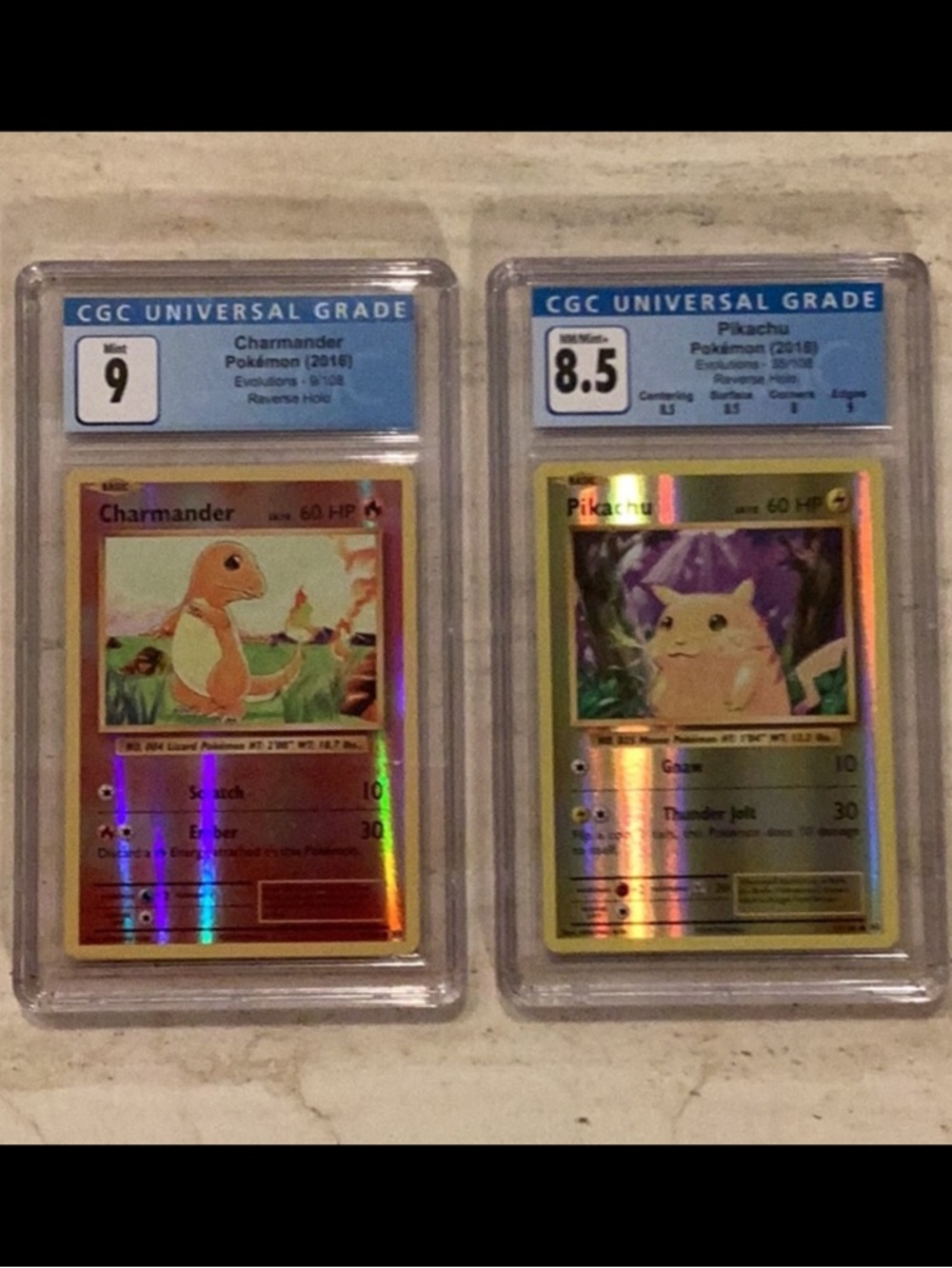 Pokemon Pikachu 2016 XY Evolutions 35/108 Reverse Holo & Charmander 9/108 CGC 9